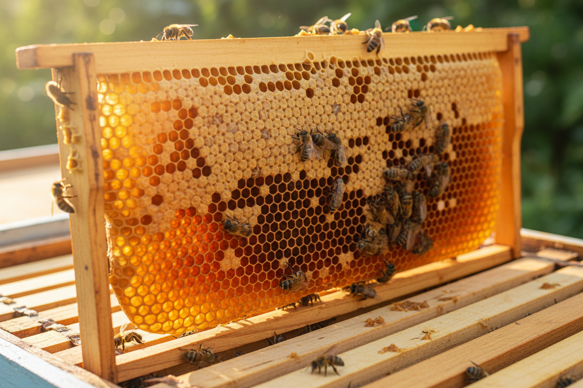 Beehive frame with bees and honeycomb